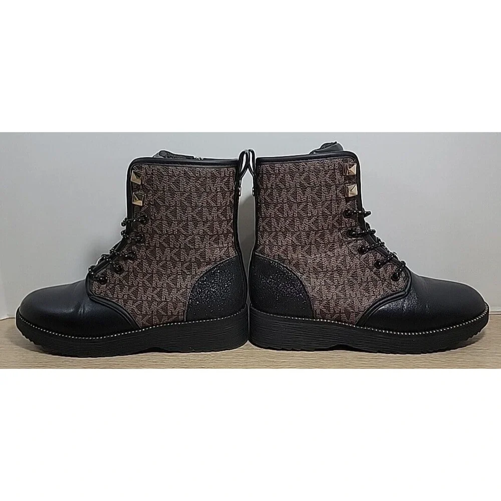 Michael Kors Haskell Black & Brown Logo Combat Boots Y Sz‎ 2